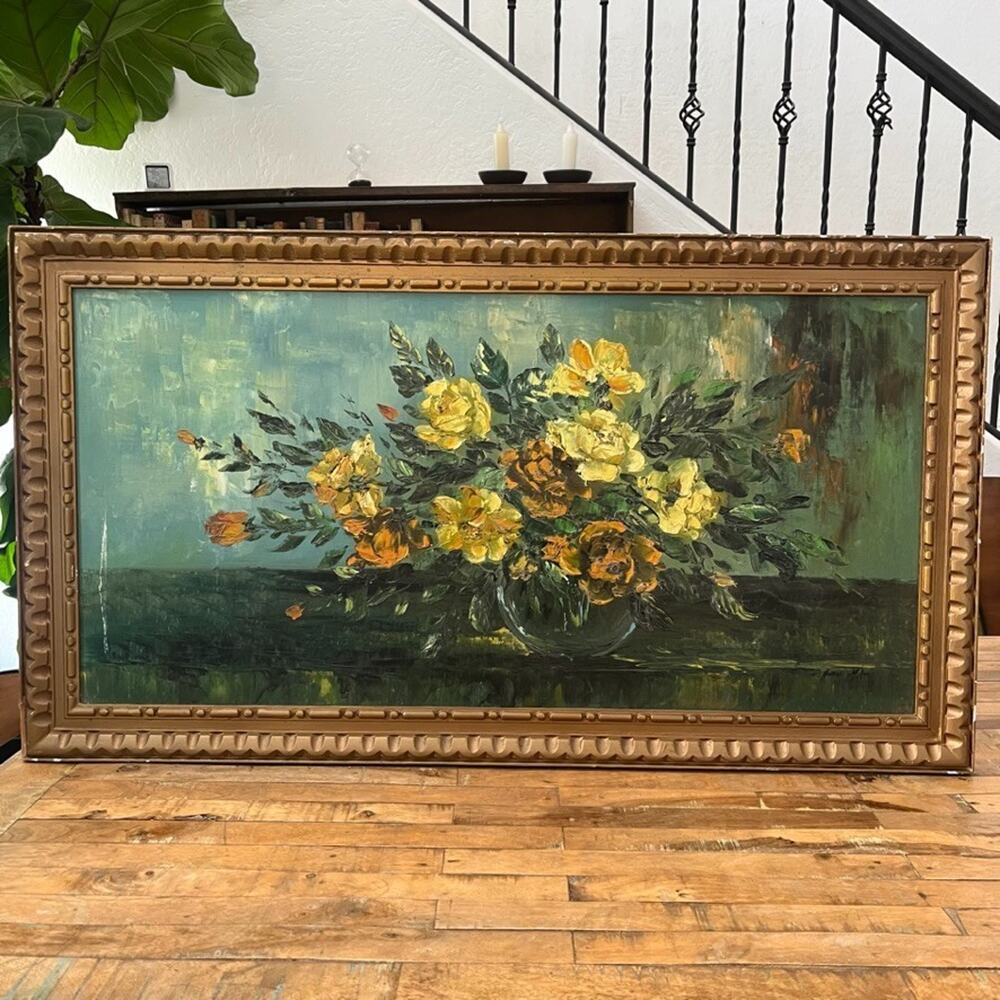 Vtg MCM Expressionist Framed Still Life Oil Painting Floral Muted Chen Mao